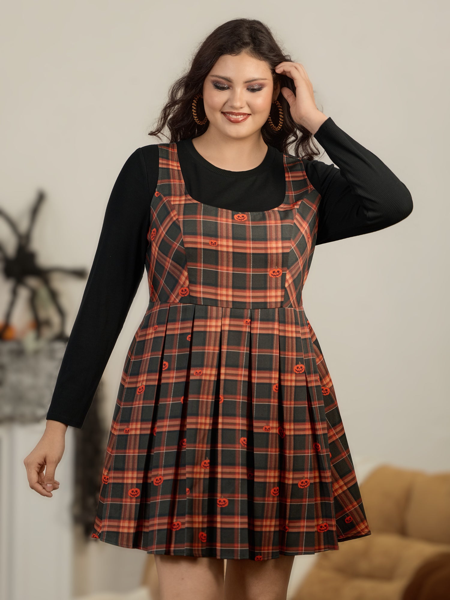 2 In 1 Halloween Pumpkin Print Plaid Pleated Mini Dress