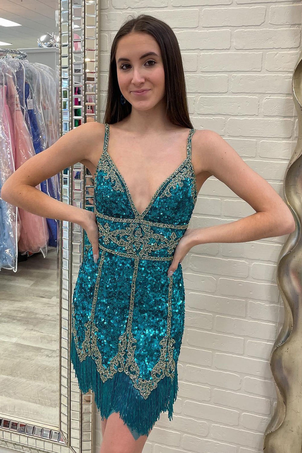 Turquoise Sequined Homecoming Dress/Mini Dress With Fringes
