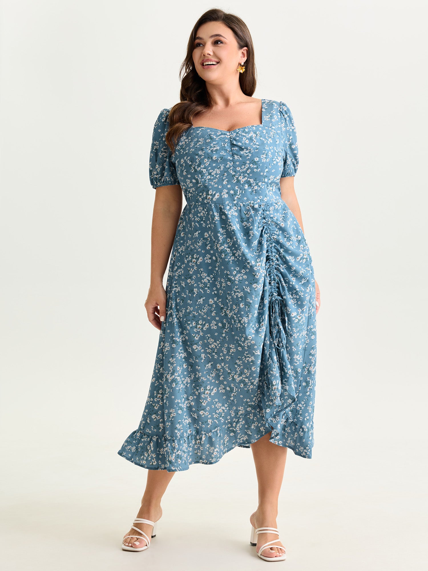 Floral Print Ruched Adjustable Drawstring Hem Midi Dress