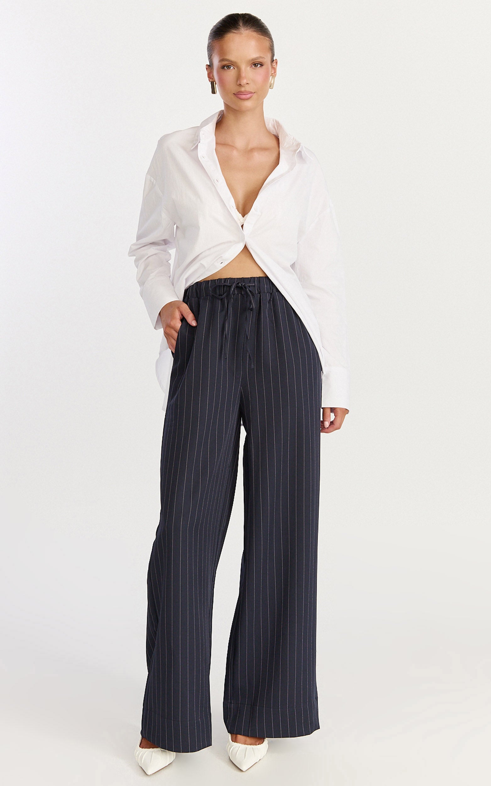 Amara Pants - High Waist Wide Leg Stripe Pants in Navy