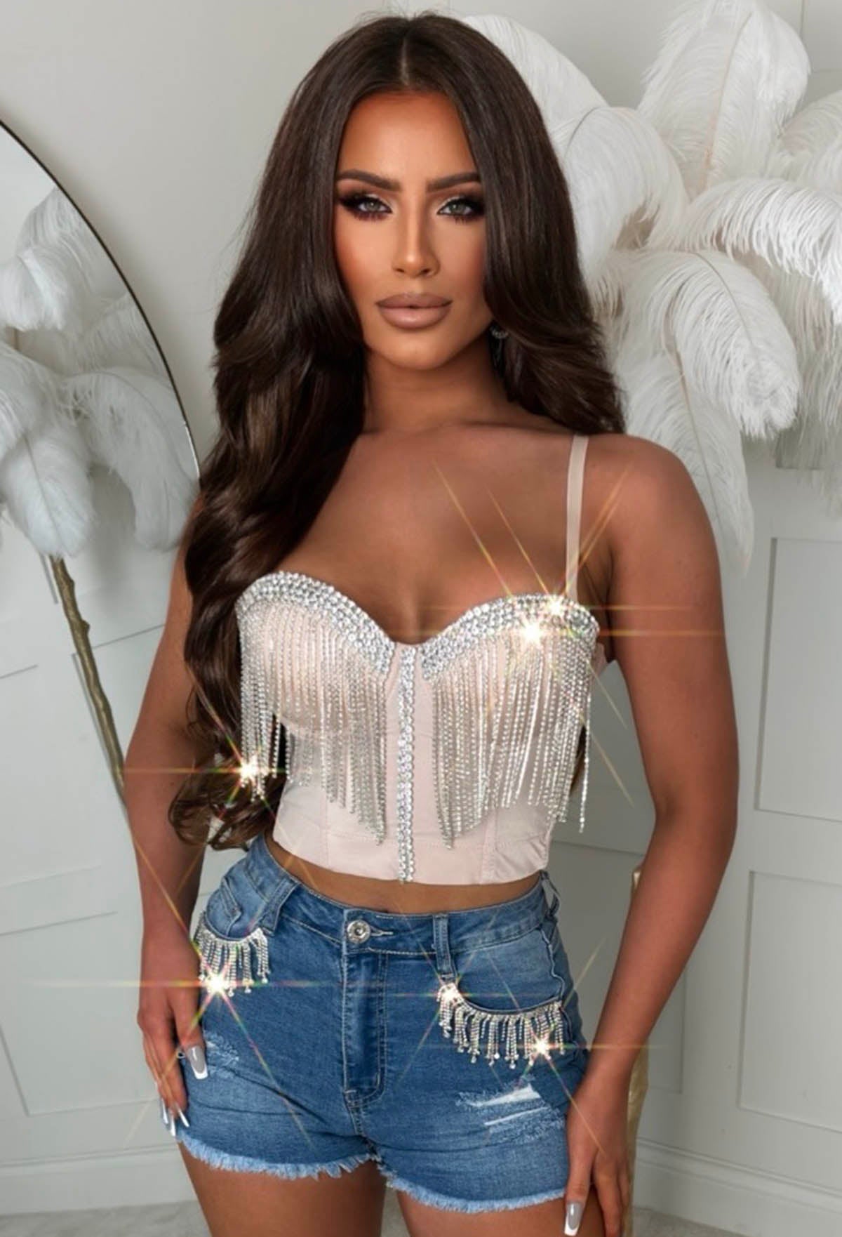 Reckless Romance Nude Diamond Tassel Bodice Crop Top
