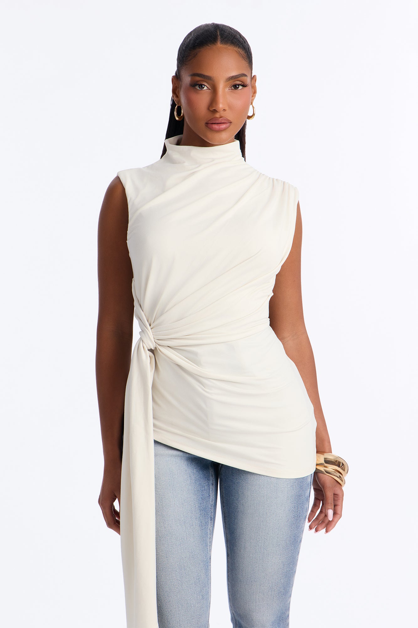 Taylor Double Lined Tie Waist Mock Neck Top - Cream