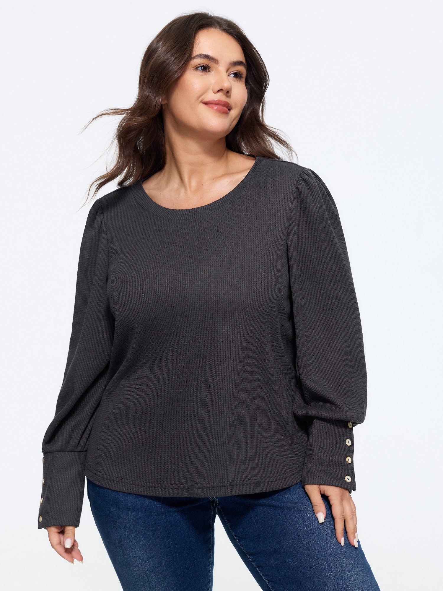 Crew Neck Button Detail Cuff Waffle Knit T-Shirt
