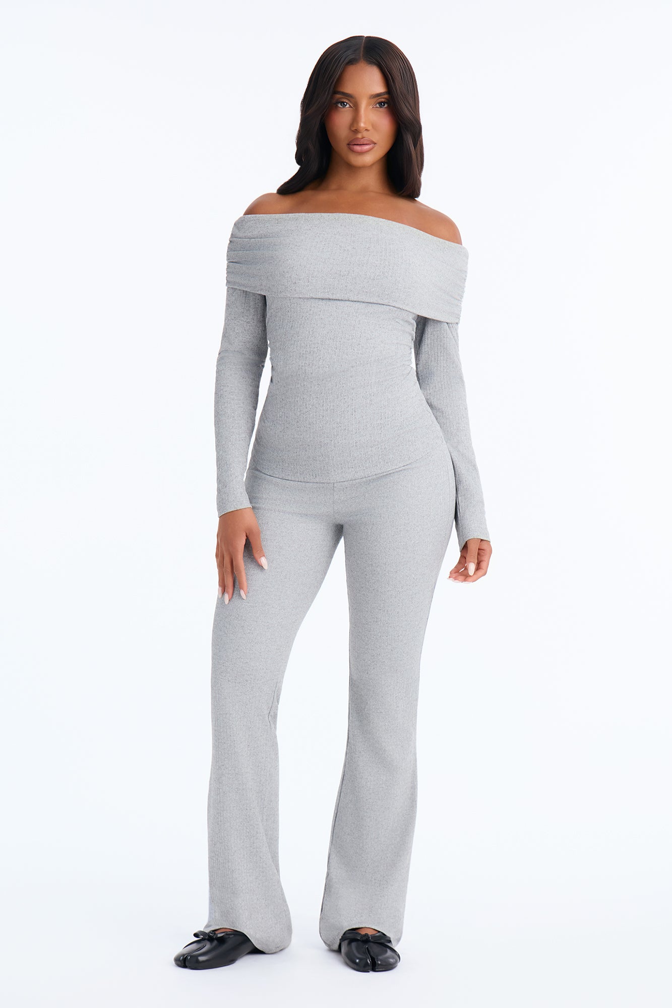 Karissa Off Shoulder Ribbed Pant Set - Heather Grey