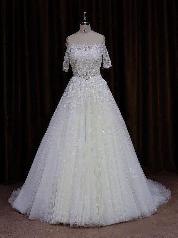 Trendy Off-The-Shoulder Short Sleeves Lace Tulle Court Train Ball Gown Wedding Dresses