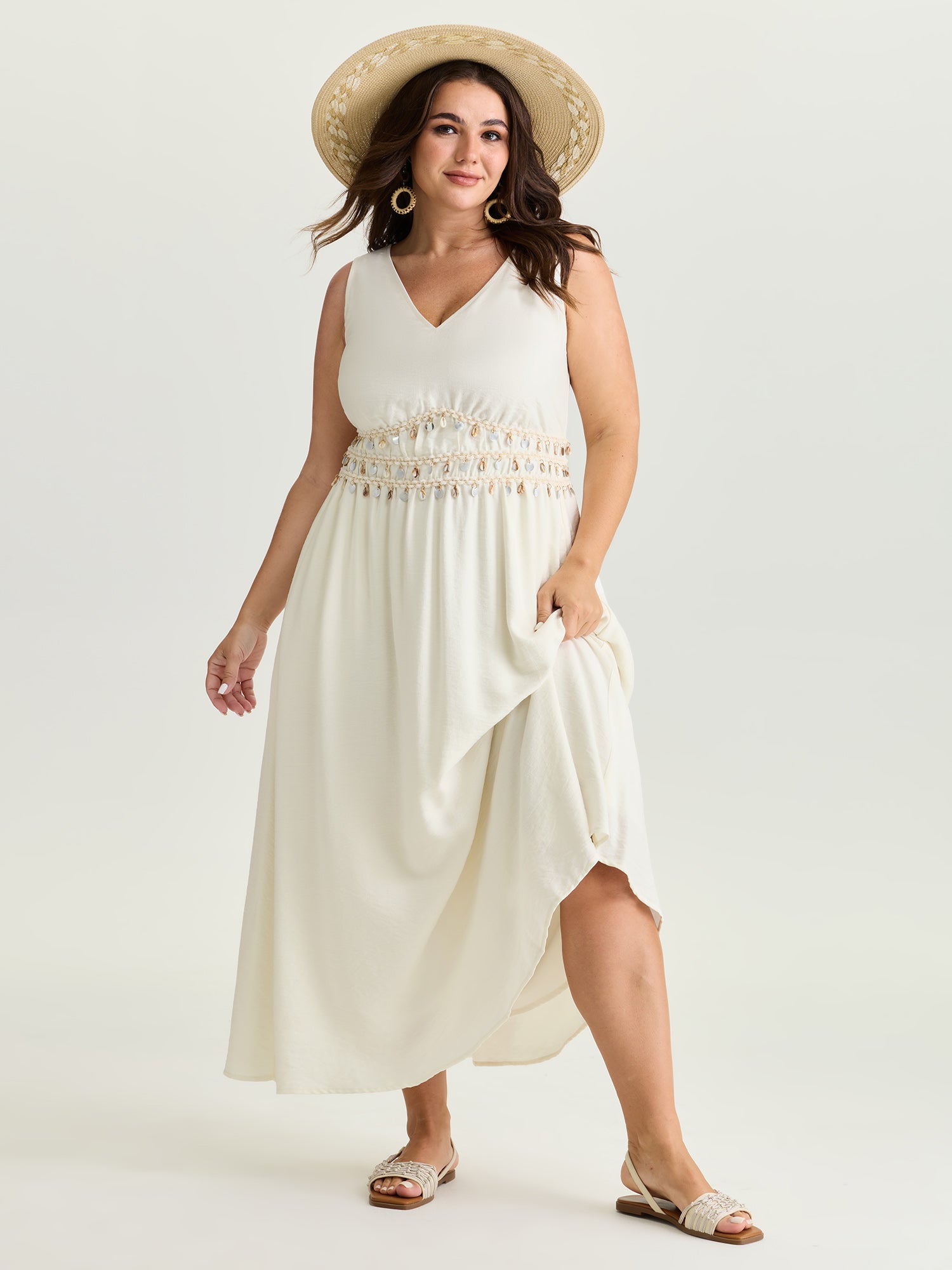 Tassels Cinched-Waist V-Neck Maxi Dress