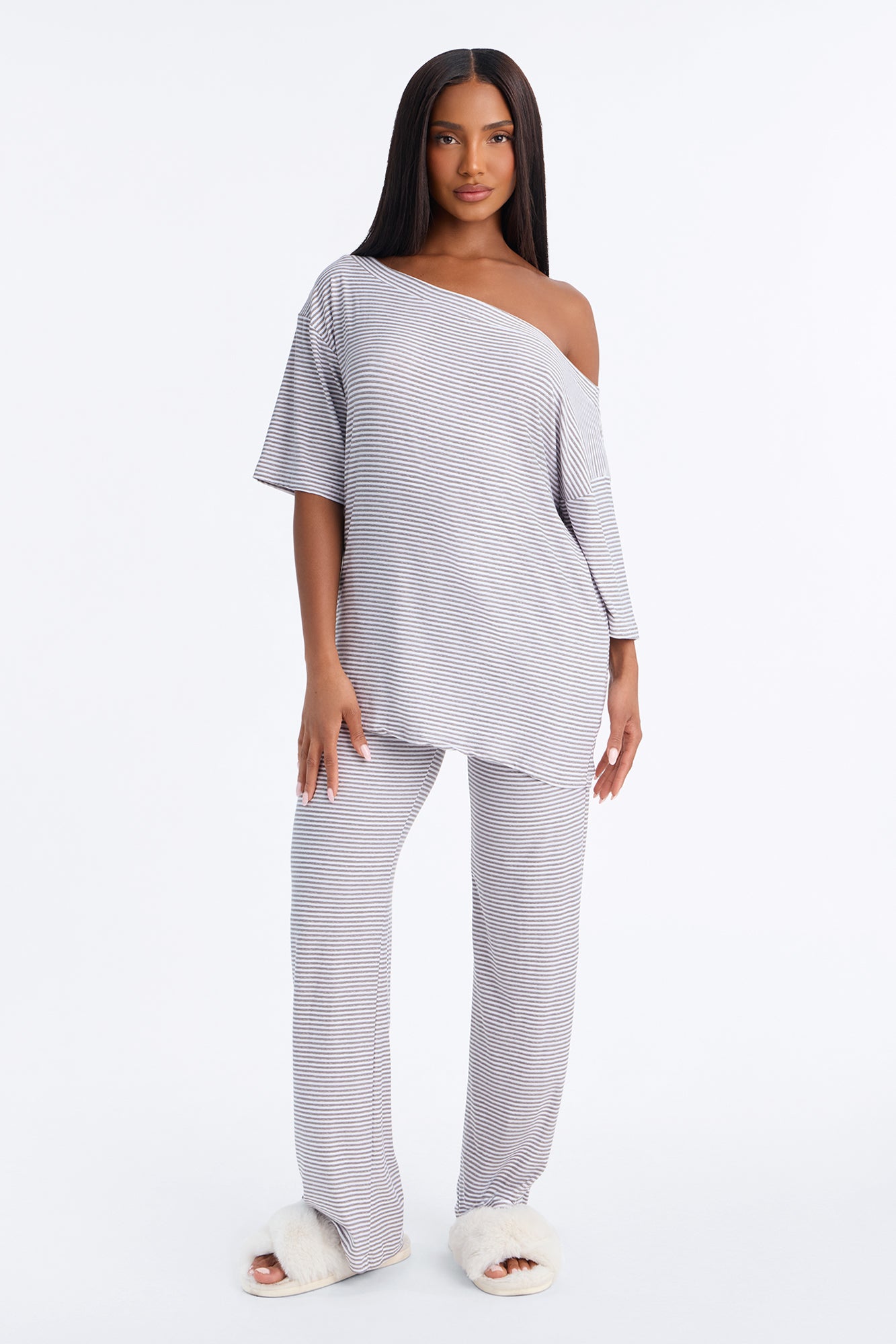 Lights Out Striped Short Sleeve PJ Pant Set - Grey