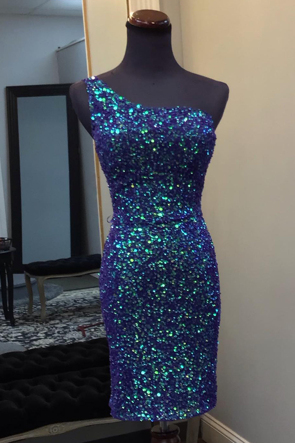 Sparkly Dark Blue Sequin Open Back Tight Short Homecoming Dress/Mini Dress