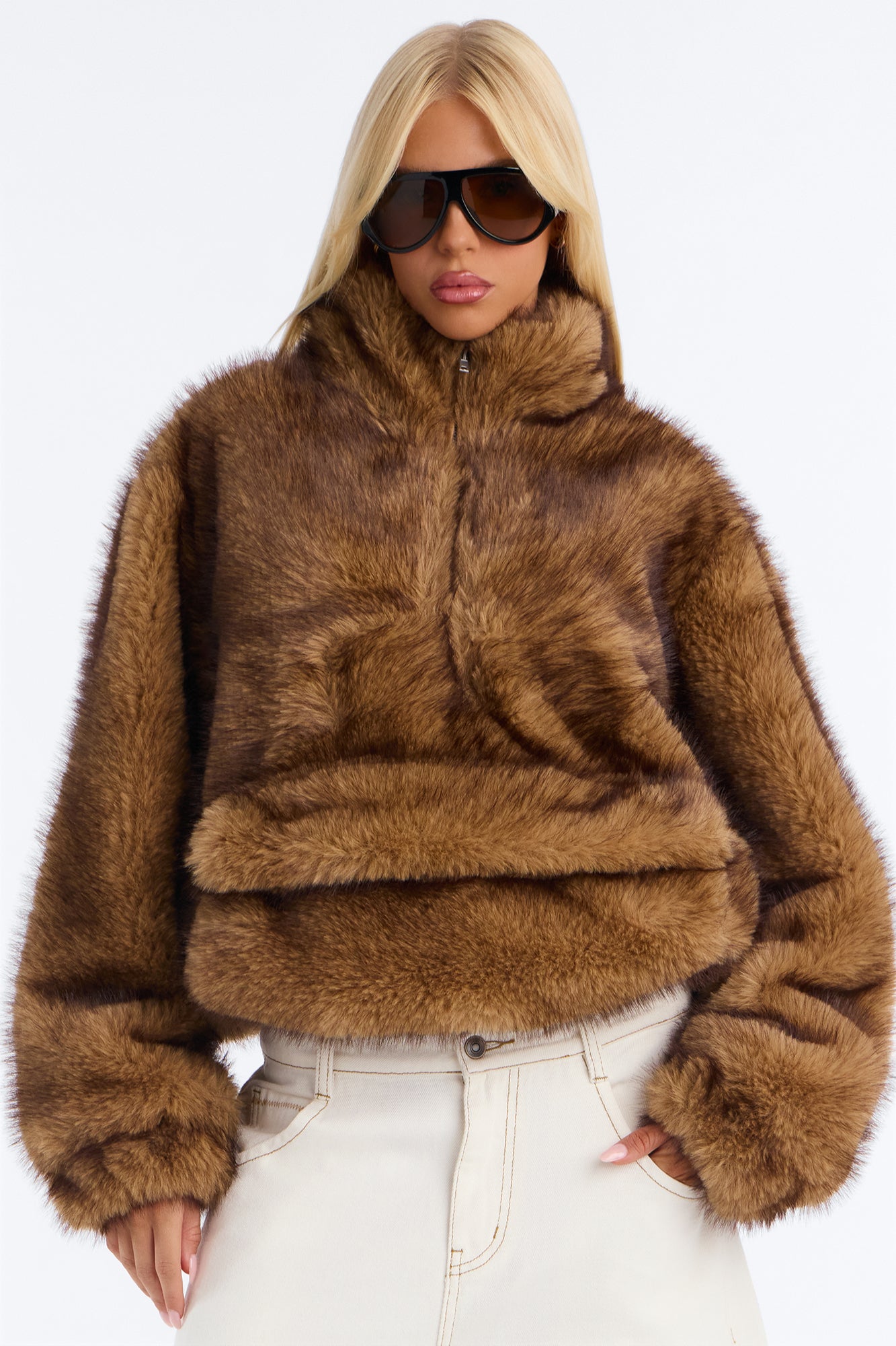 Kualene Faux Fur Oversized Quarter Zip Pullover Coat - Beige