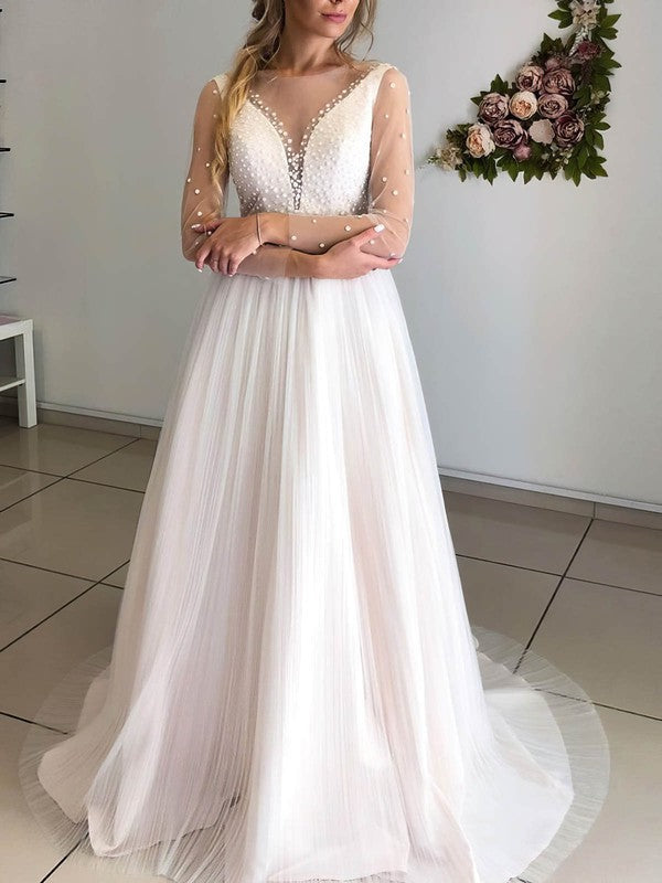 Luxurious Crew Neck Long Sleeves A-Line Tulle Sweep Train Wedding Dresses with Beads