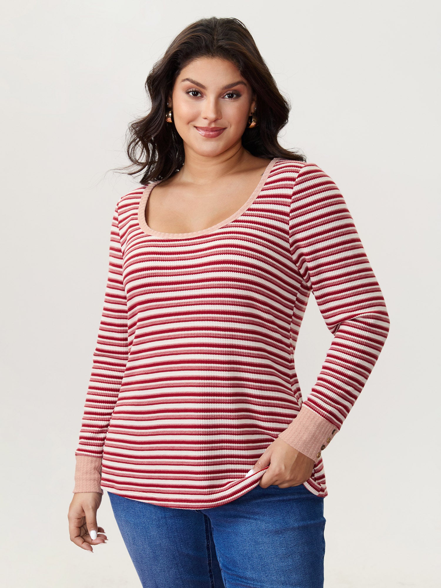 Striped Ribbed Scoop Button T-Shirt