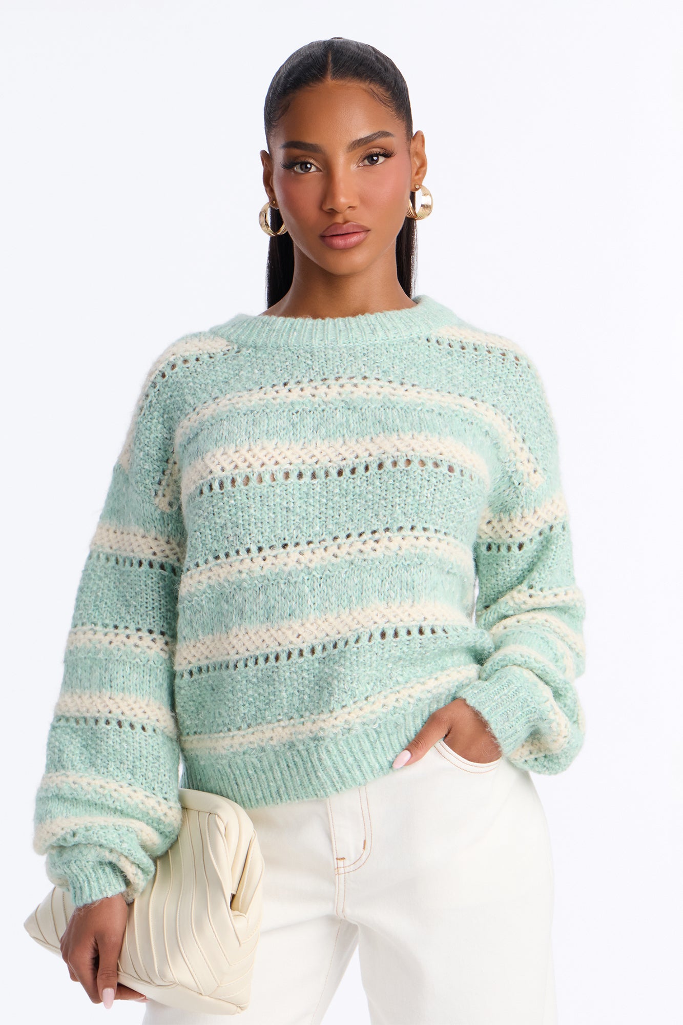 Amber Striped Long Sleeve Sweater - Sage/combo