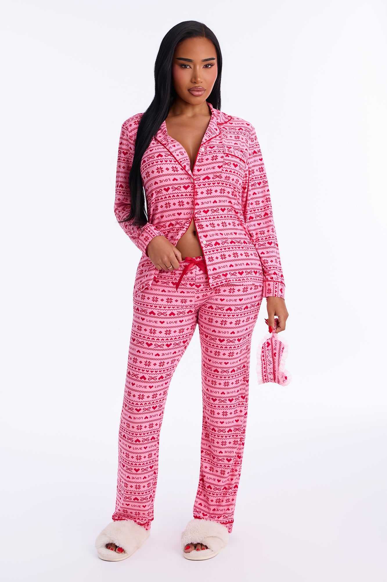 Snooze On Repeat Long Sleeve PJ Pant Set With Eye Mask - Pink/combo