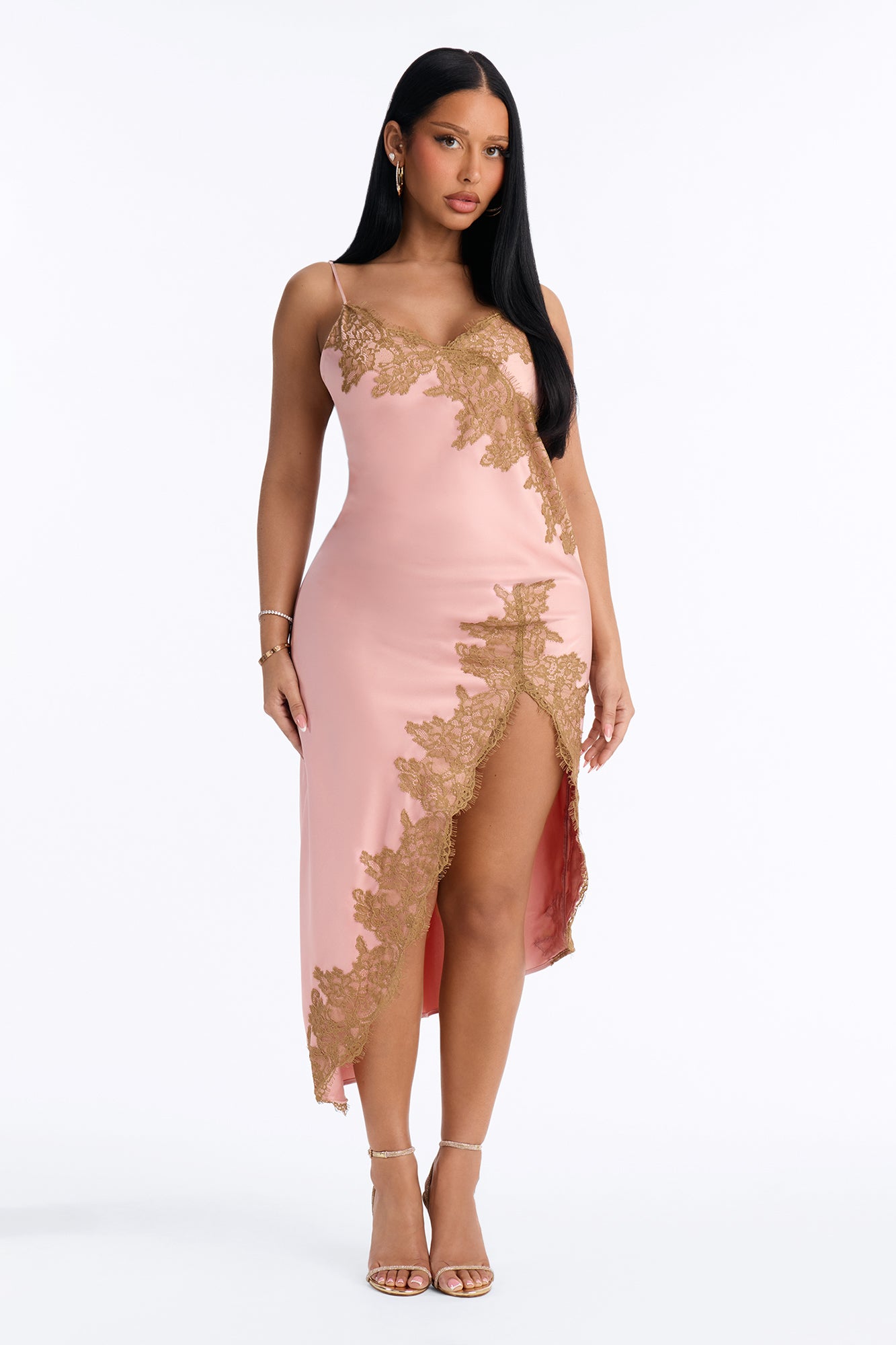 Late At Night Satin Lace Trim Midi Dress - Pink/combo