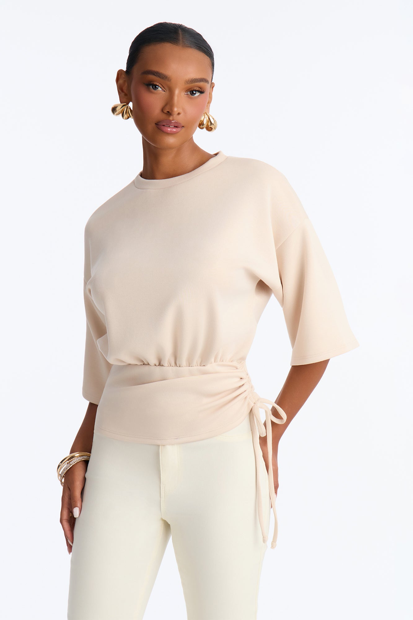 Maeve Cinched Waist Drawstring Short Sleeve Top - Stone