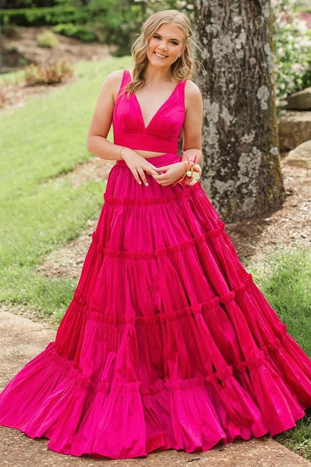 Long Prom Dress in Fuchsia with V-neck and Tiered A-Line Satin Two-Piece Design