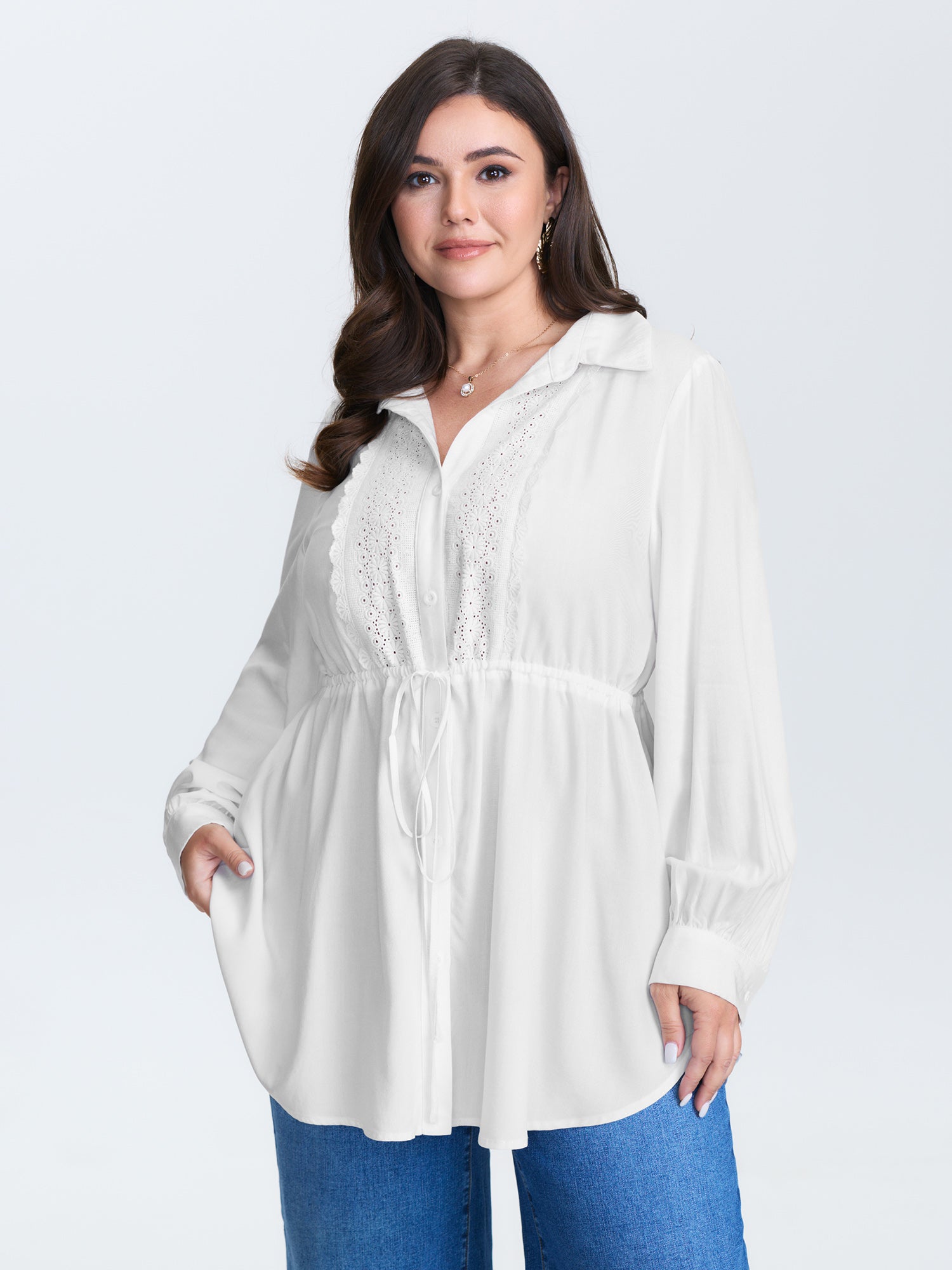 Lace Cut-Out Drawstring Waist Blouse