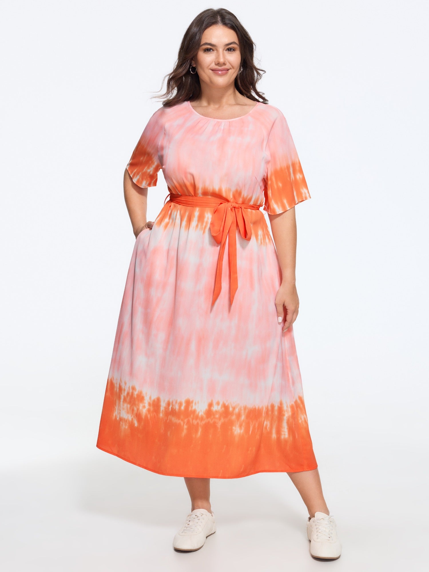 Gradient Tie Dye Print Round Neck Waist Tie Midi Dress