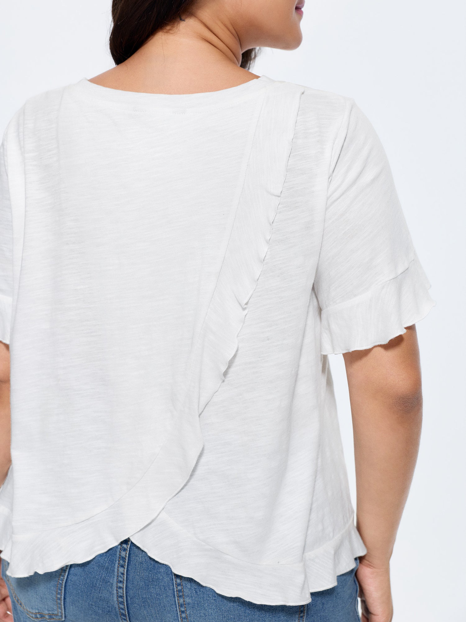 Cotton Overlap Back Sheer Ruffled T-Shirt