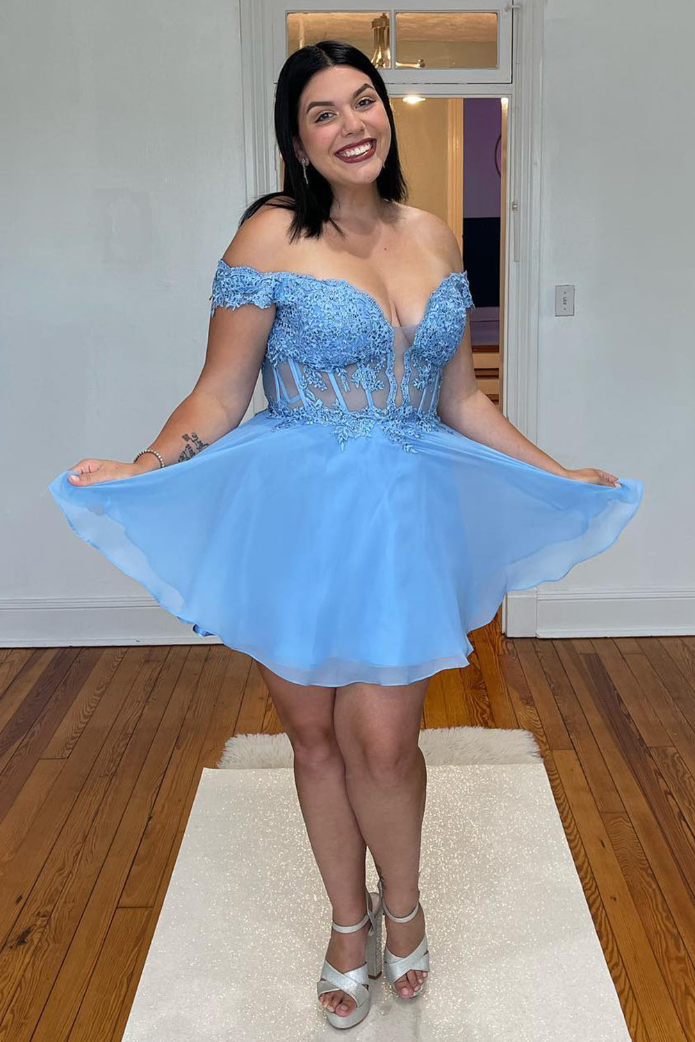 Grey Blue Corset A-Line Chiffon Short Homecoming Dress/Mini Dress with Lace