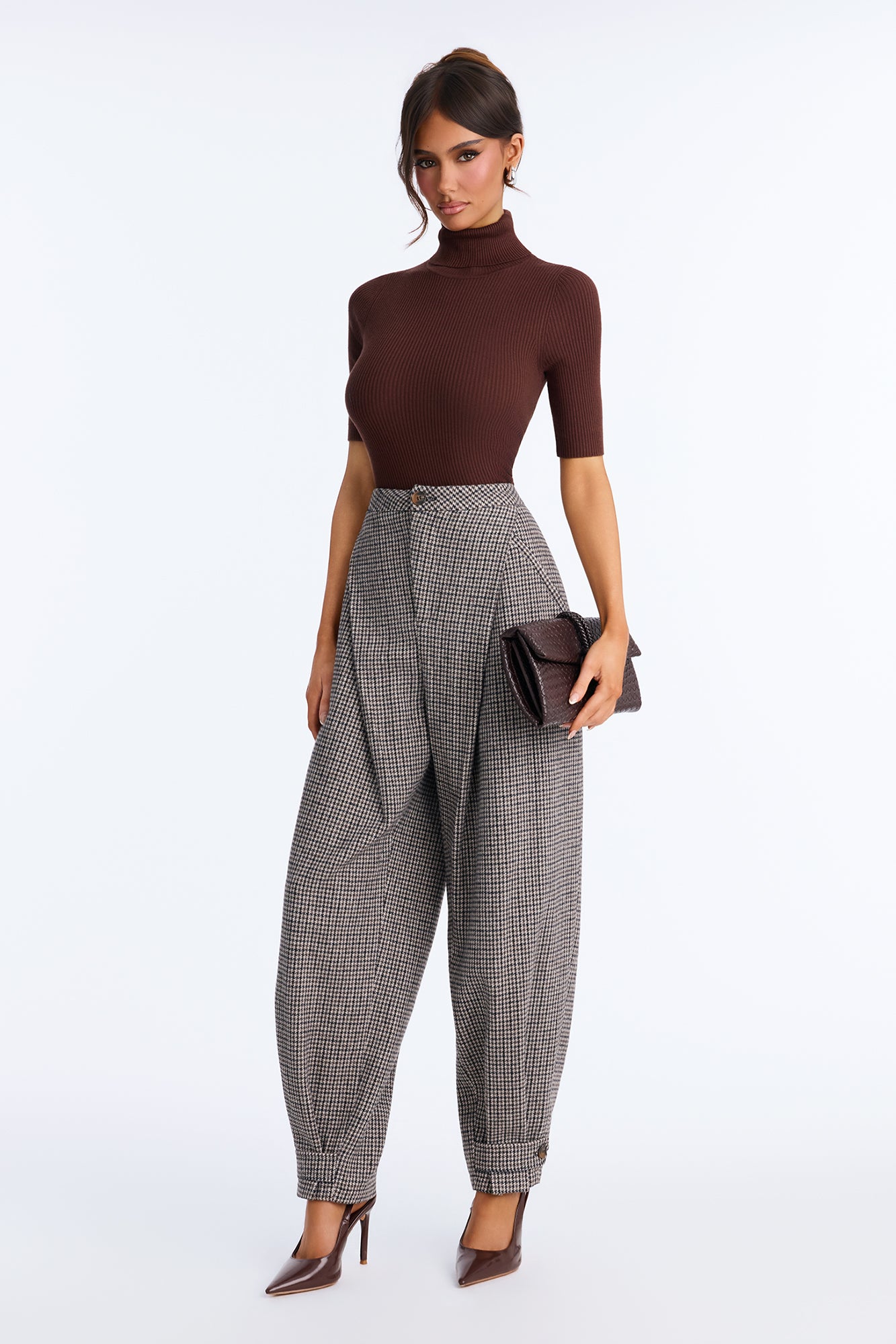 Helena High Rise Houndstooth Barrel Leg Trouser - Grey/combo
