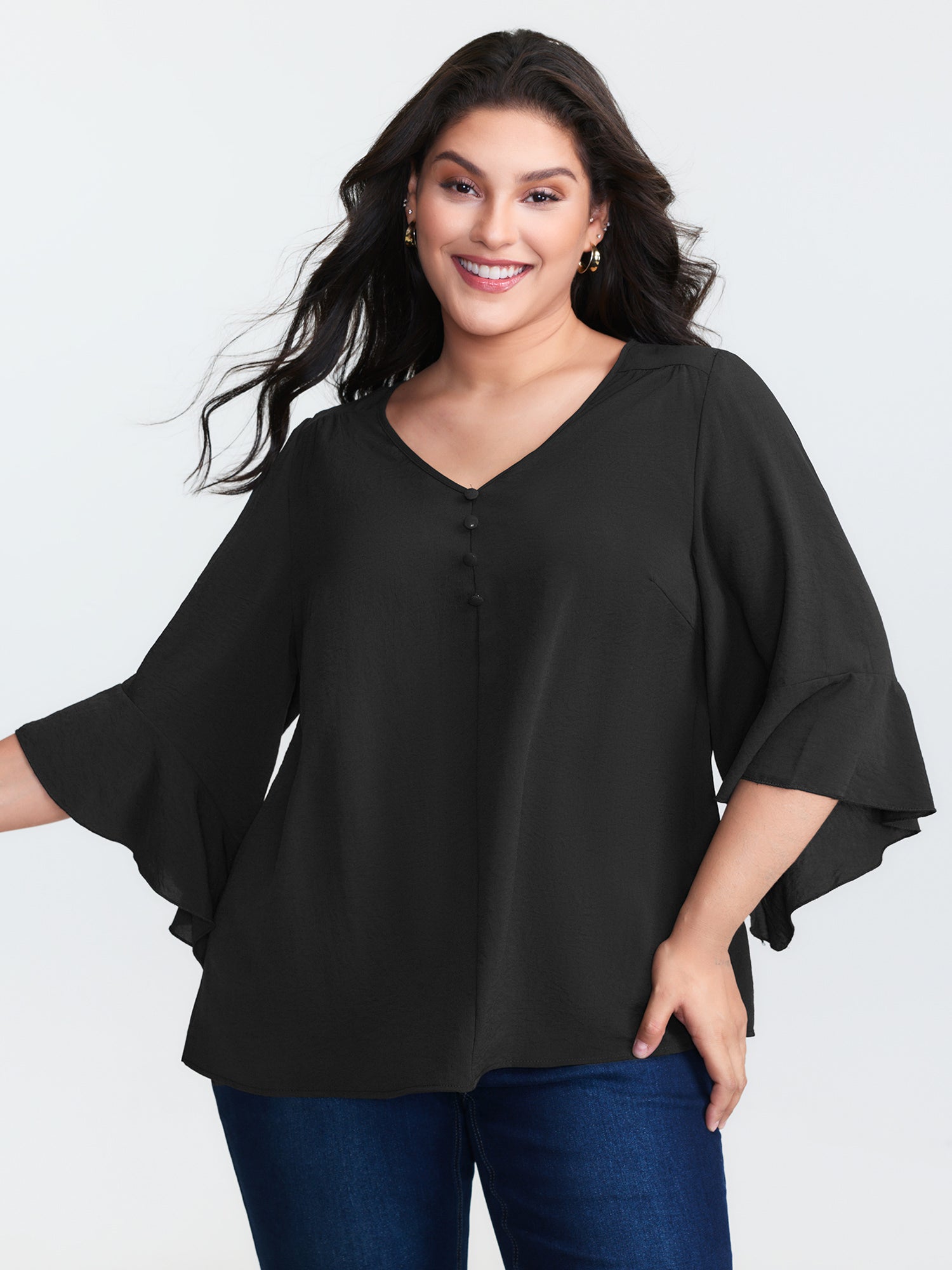 Flared Sleeve V-Neck Drape Blouse
