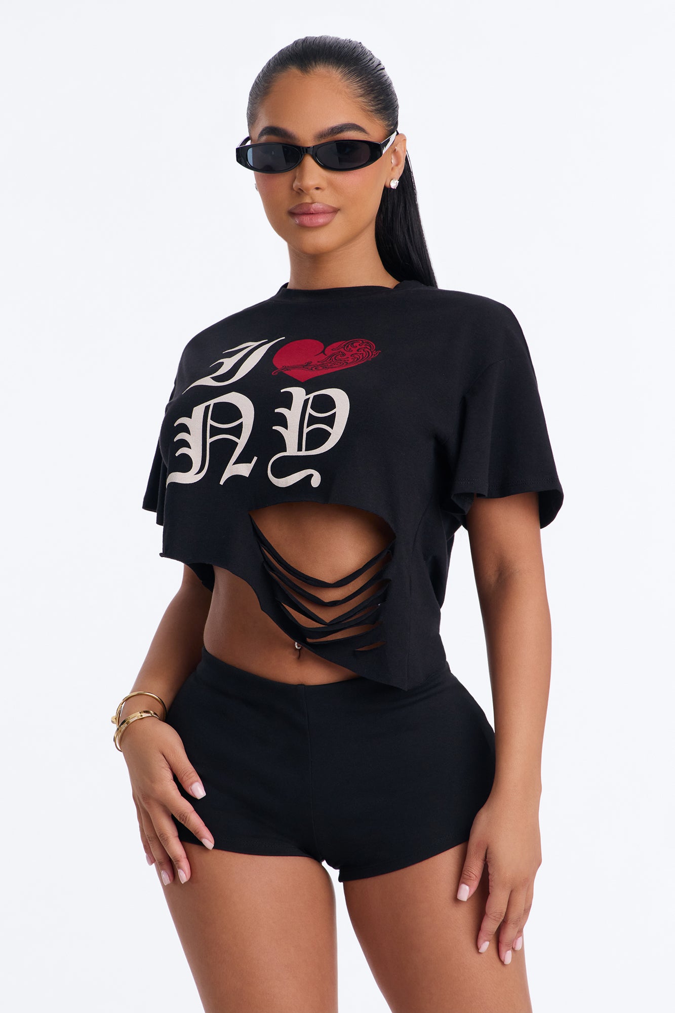 I Heart NY Distressed Cropped Tee - Black