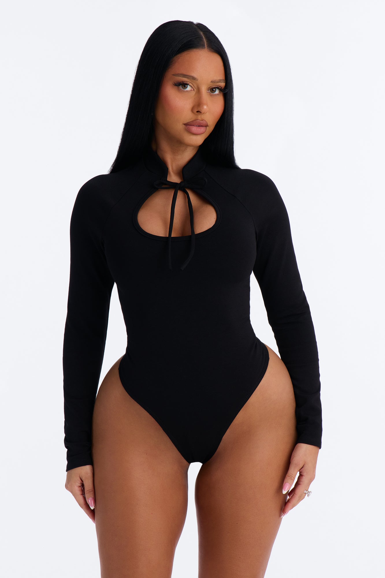 Trinity Tie Mock Neck Long Sleeve Bodysuit - Black