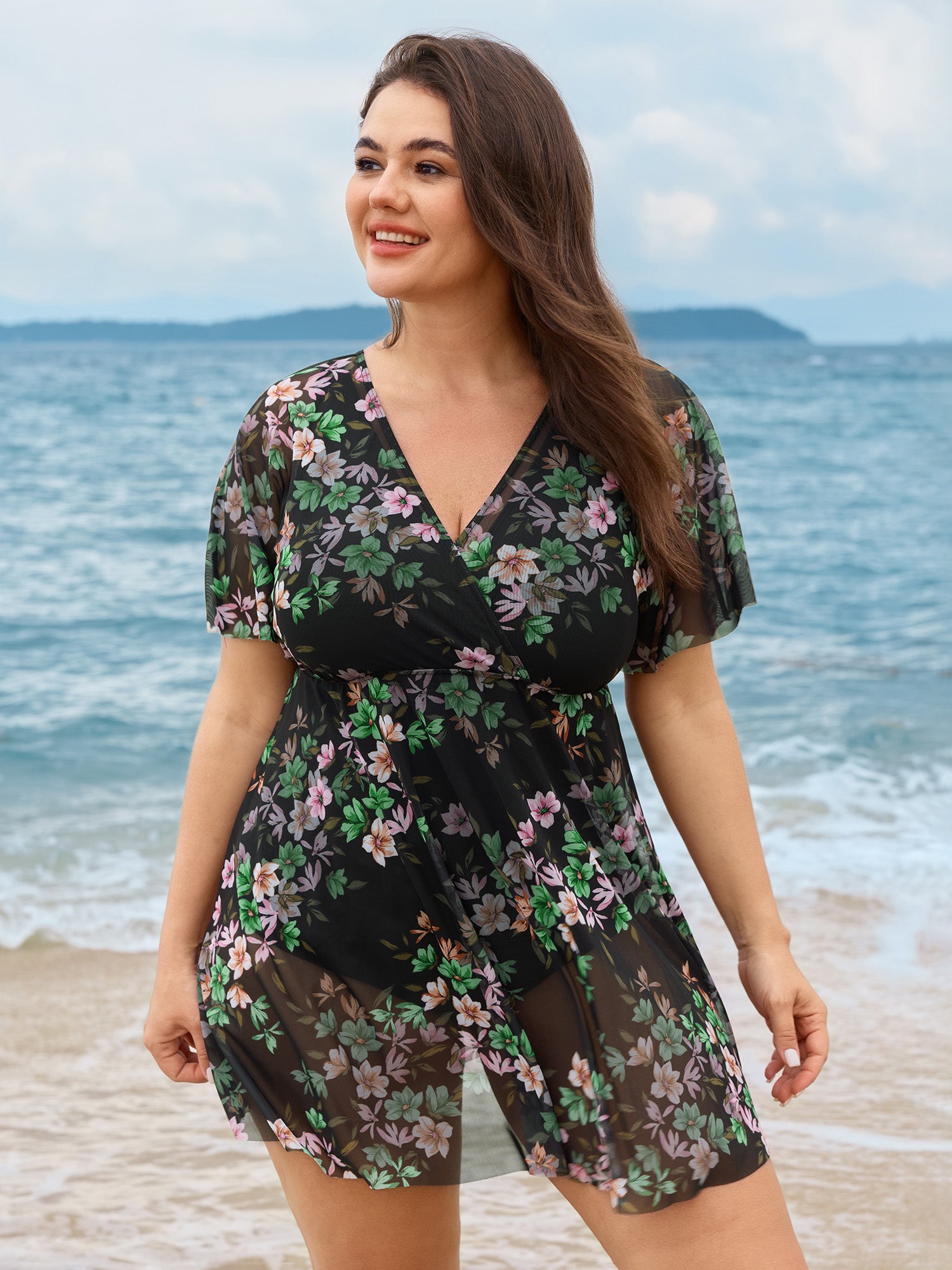 Floral Print Flowy Sleeve Swim Dress