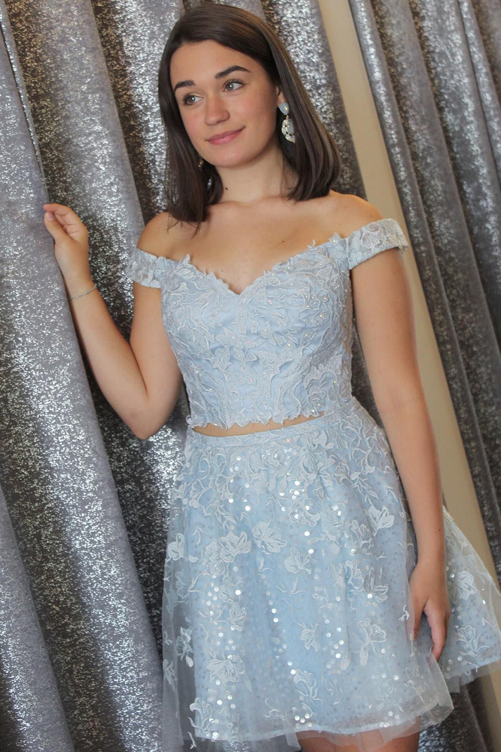 Sparkly Light Blue Lace A-Line Cut Out Short Homecoming Dress/Mini Dress