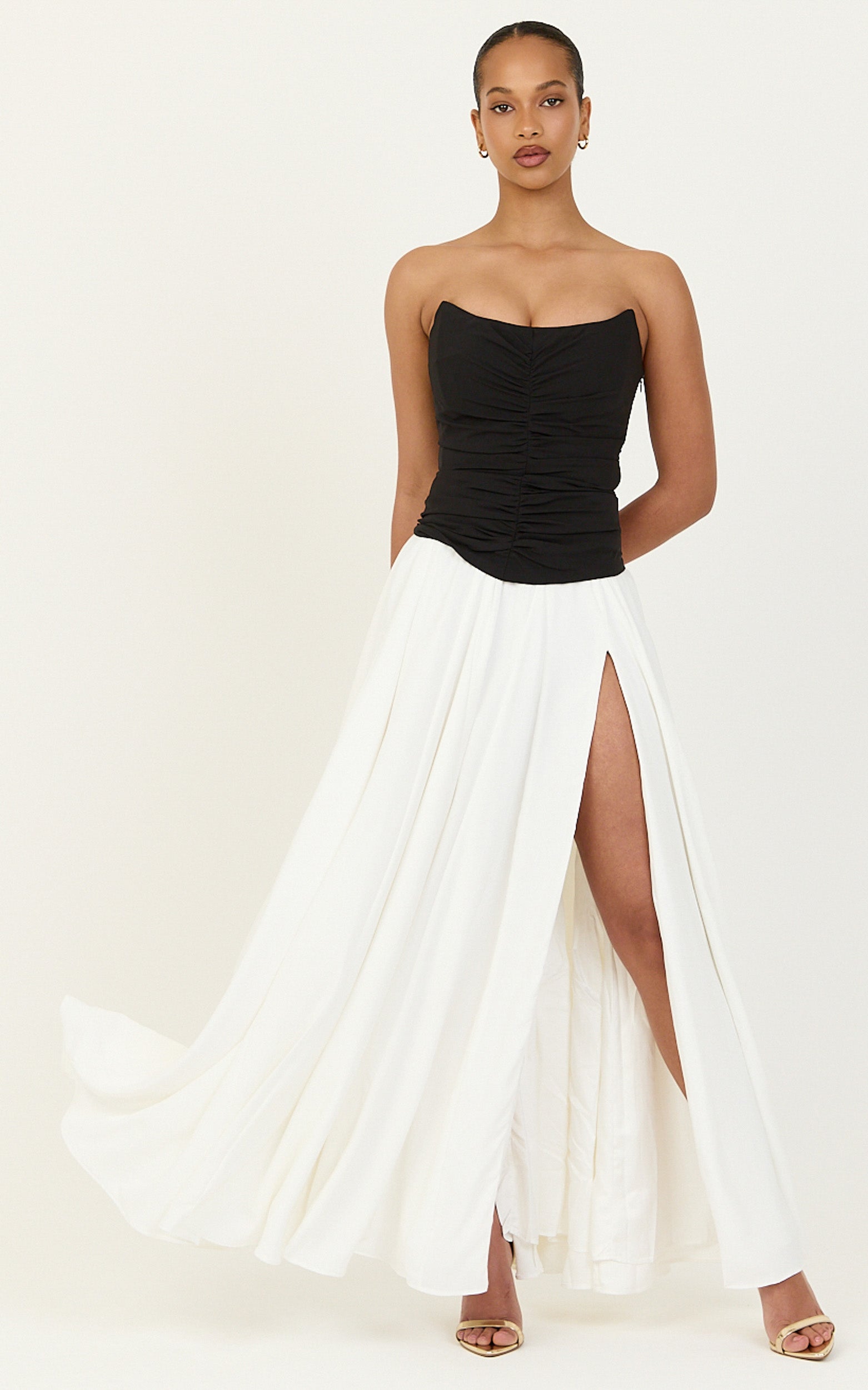 Evelina Maxi Dress - Strapless Corset Dress With Contrast Gathered Skirt in White/Black