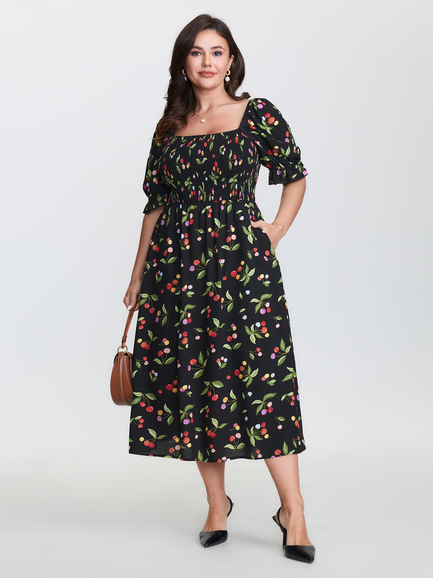Fruity Floral Print Shirred Bodice Midi Dress