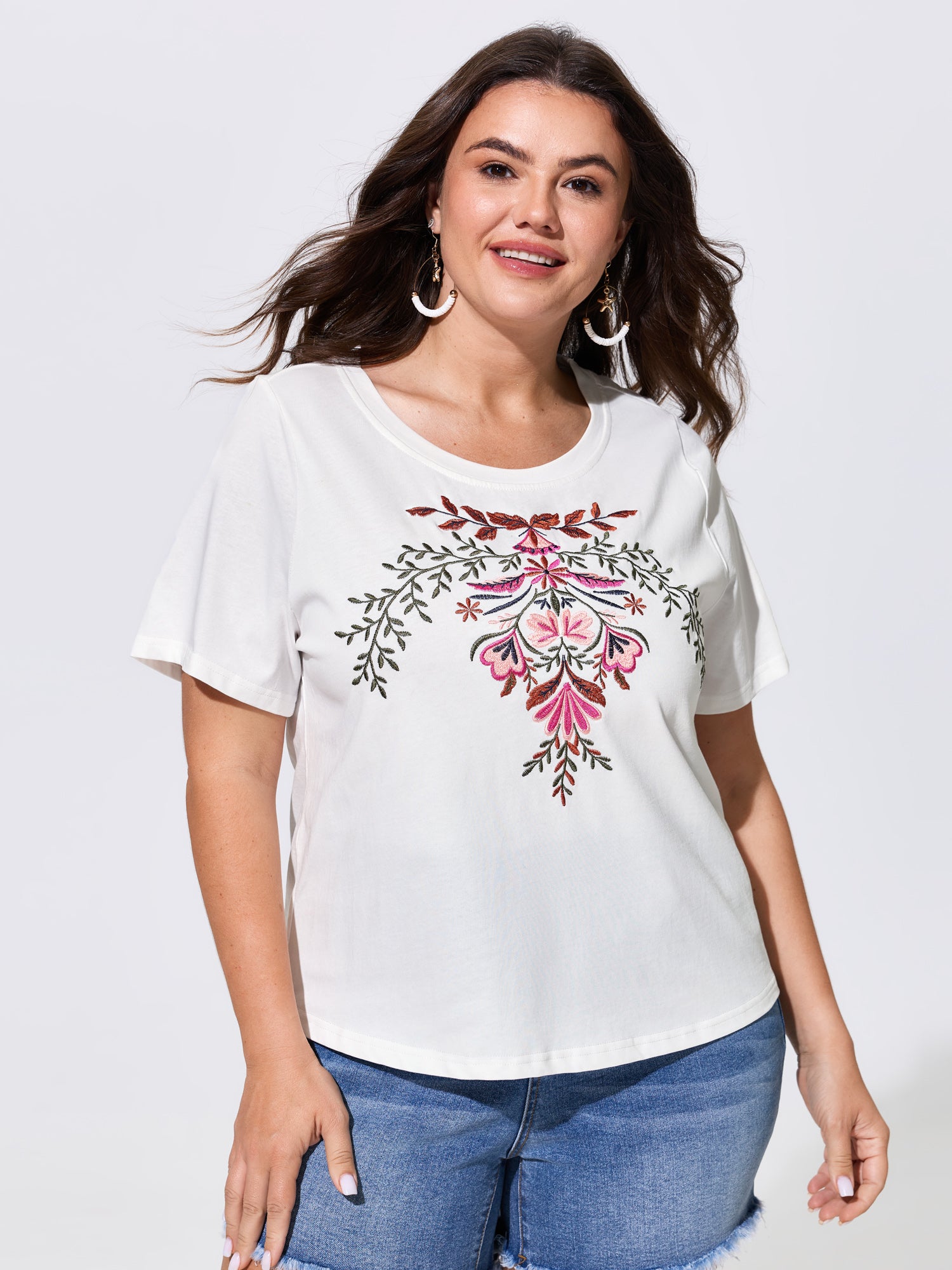 Cotton Floral Embroidered Round Neck T-Shirt