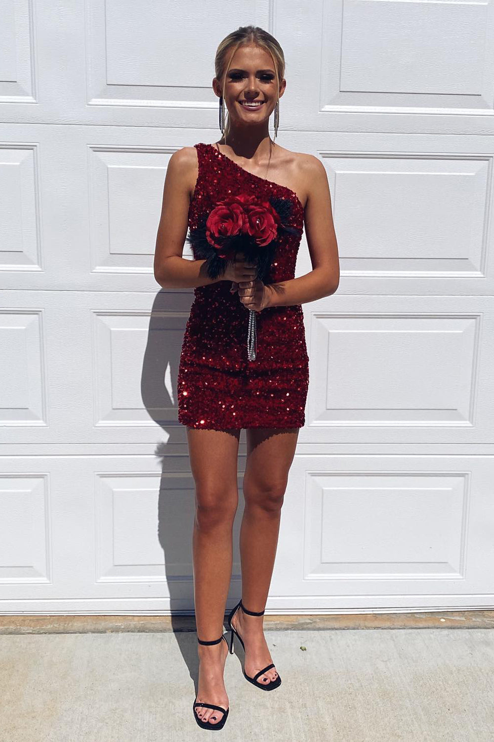 Sparkly Burgundy Sequins One Shoulder Tight Short Homecoming Dress/Mini Dress