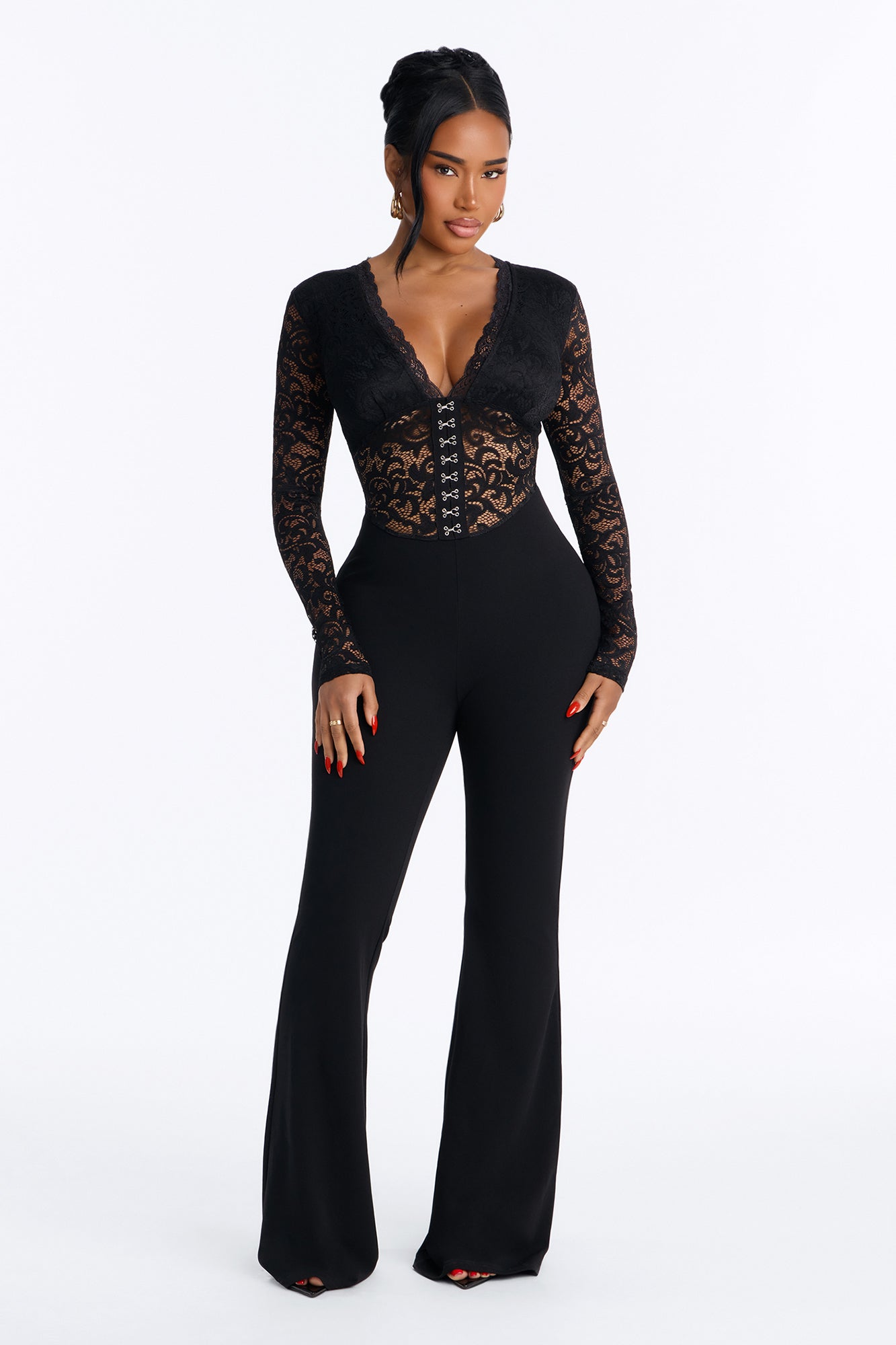 Make Him Wait Lace Long Sleeve Wide Leg Jumpsuit - Black