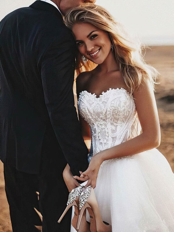 Beautiful Ball Gown Sweetheart Strapless Tulle Court Train Wedding Dresses