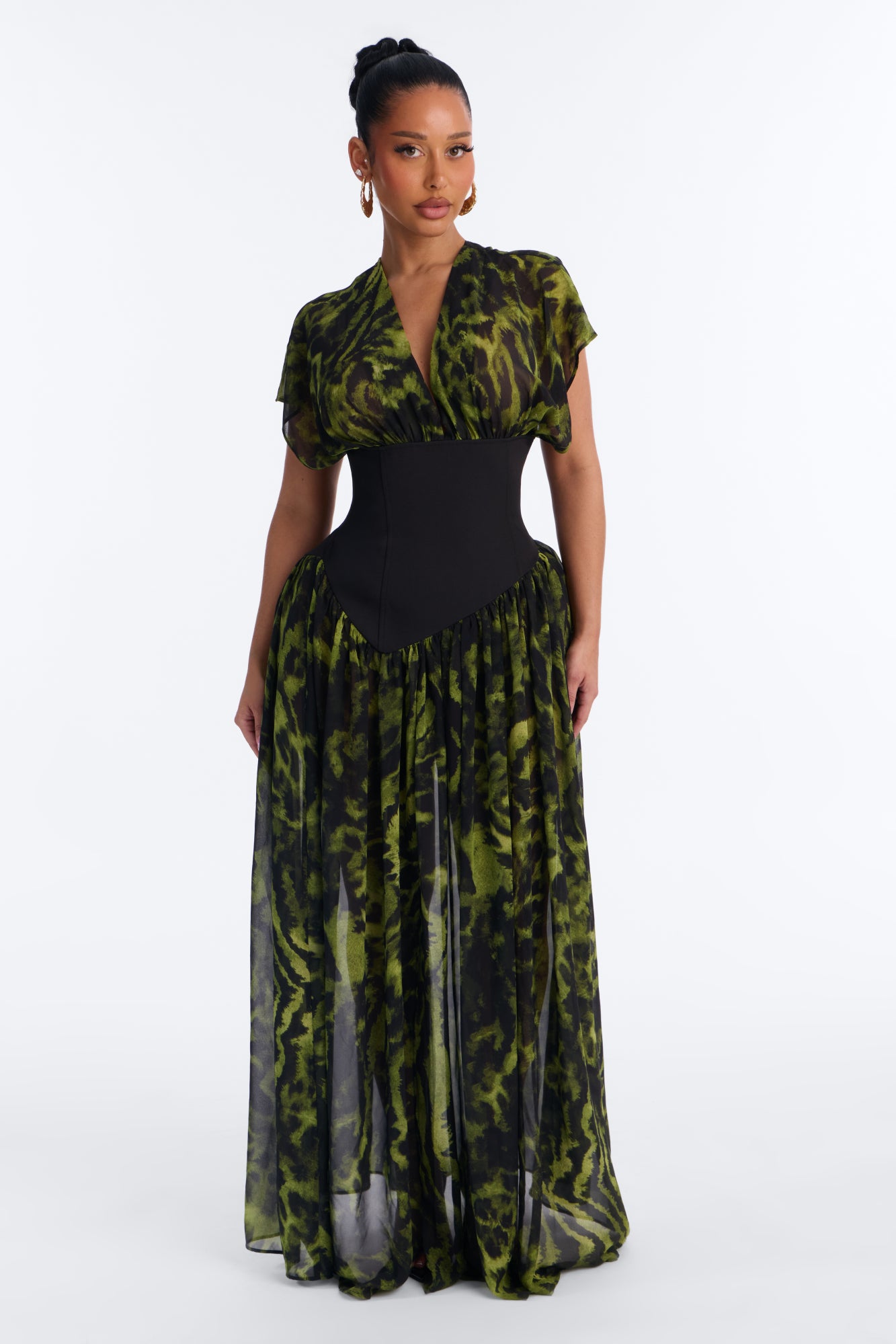 Untamed Abstract Animal Print Chiffon Maxi Dress - Green/combo
