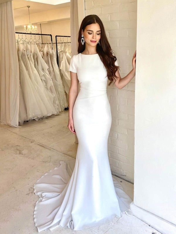 Chic Jewel Neck Short Sleeves Satin Mermaid Wedding Dresses