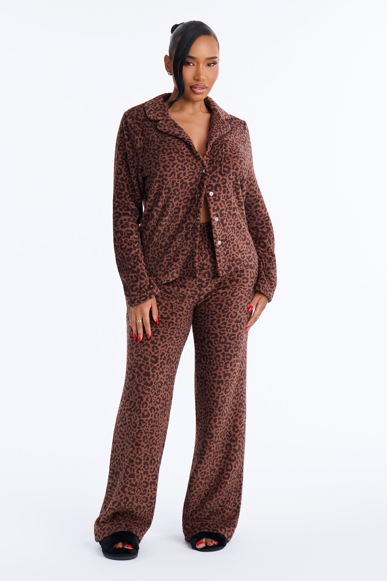 Cozy Sunday Leopard Morning Collared Plush PJ Pant Set - Brown/combo