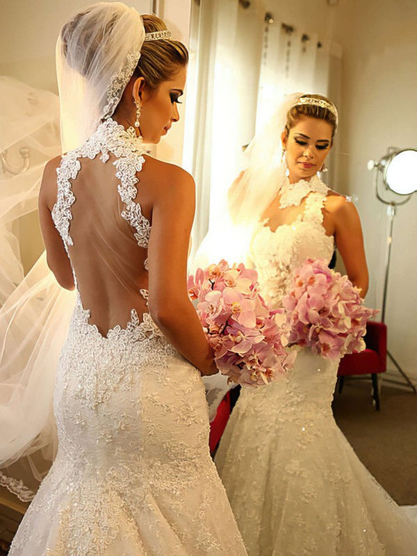 Gorgeous Lace Trumpet Sleeveless High Neck Wedding Dresses with Appliques