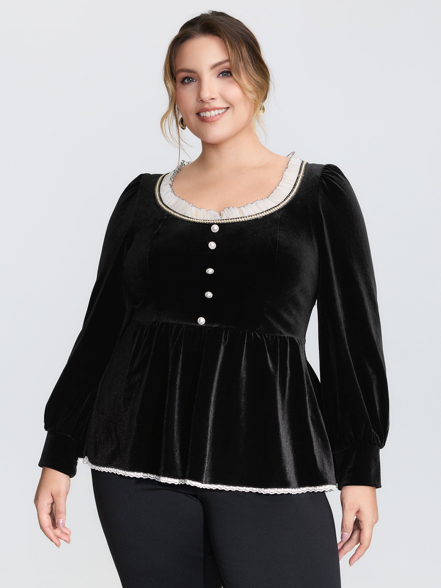 Velvet Contrast Neckline Button Knit Top
