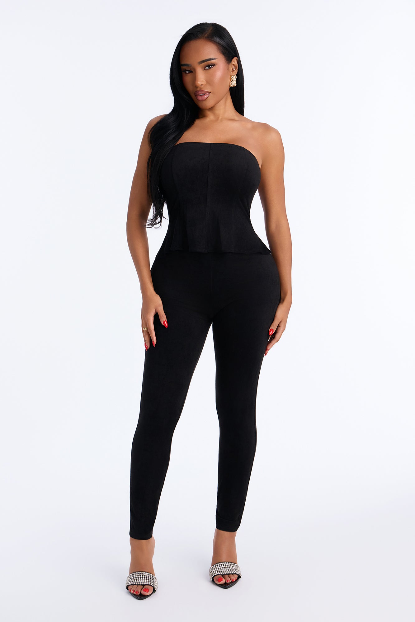 Pretty Please Faux Suede Peplum Catsuit - Black
