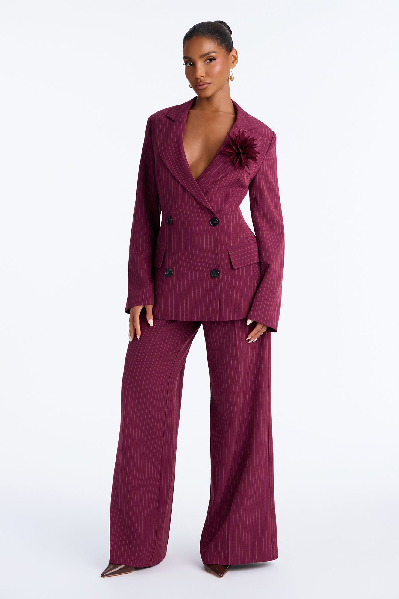 Go Getter Pinstripe Pant Set - Wine