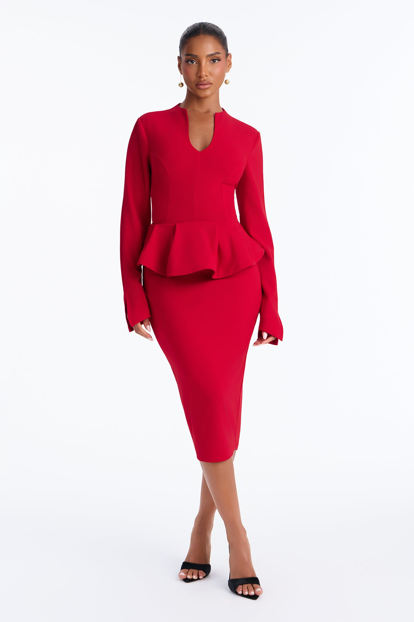 Connie Peplum Long Sleeve Midi Dress - Red