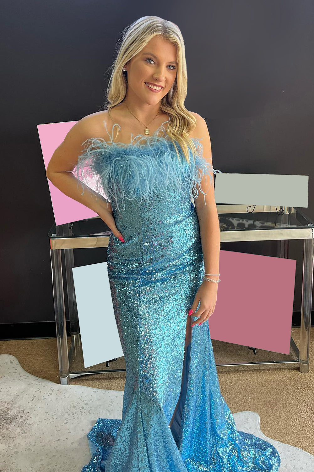 Light Blue Mermaid Prom Dress with Sequins and Feathers Strapless Long Style