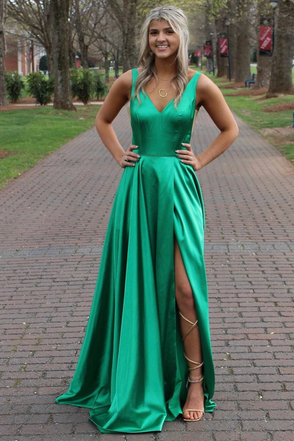 V-neck Satin Prom Dress in Green with A-line Cut and Slit