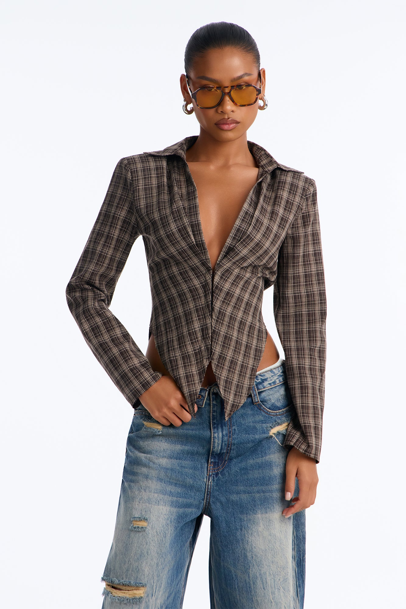 Copper Leaves Long Sleeve Plaid Blouse - Brown/combo
