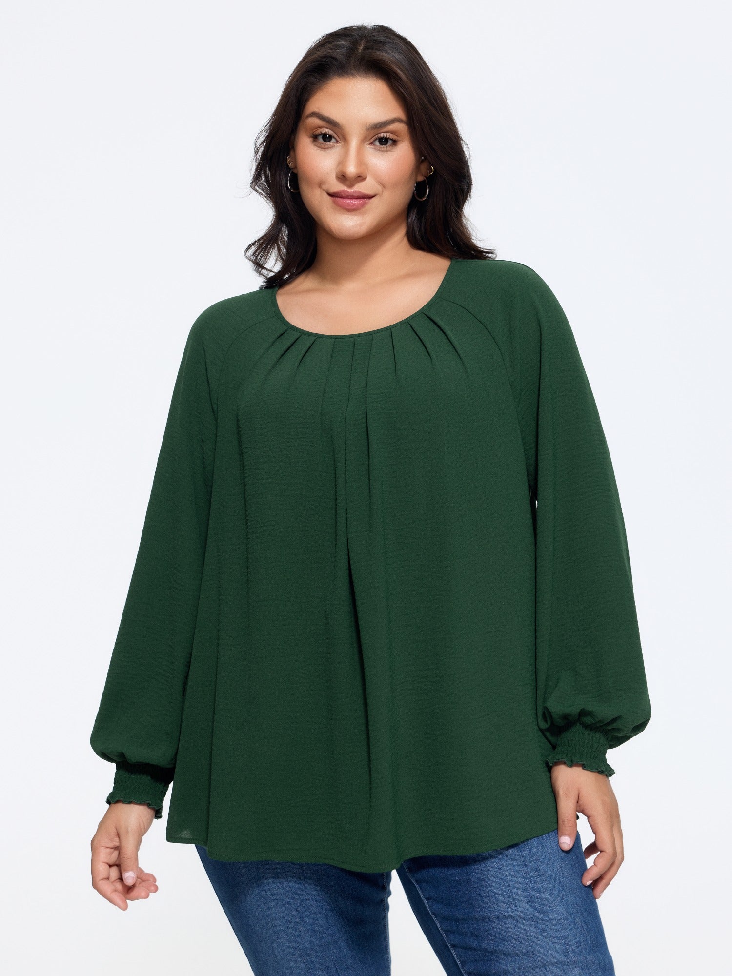 Round Neck Front Pleated Shirred Cuff Blouse