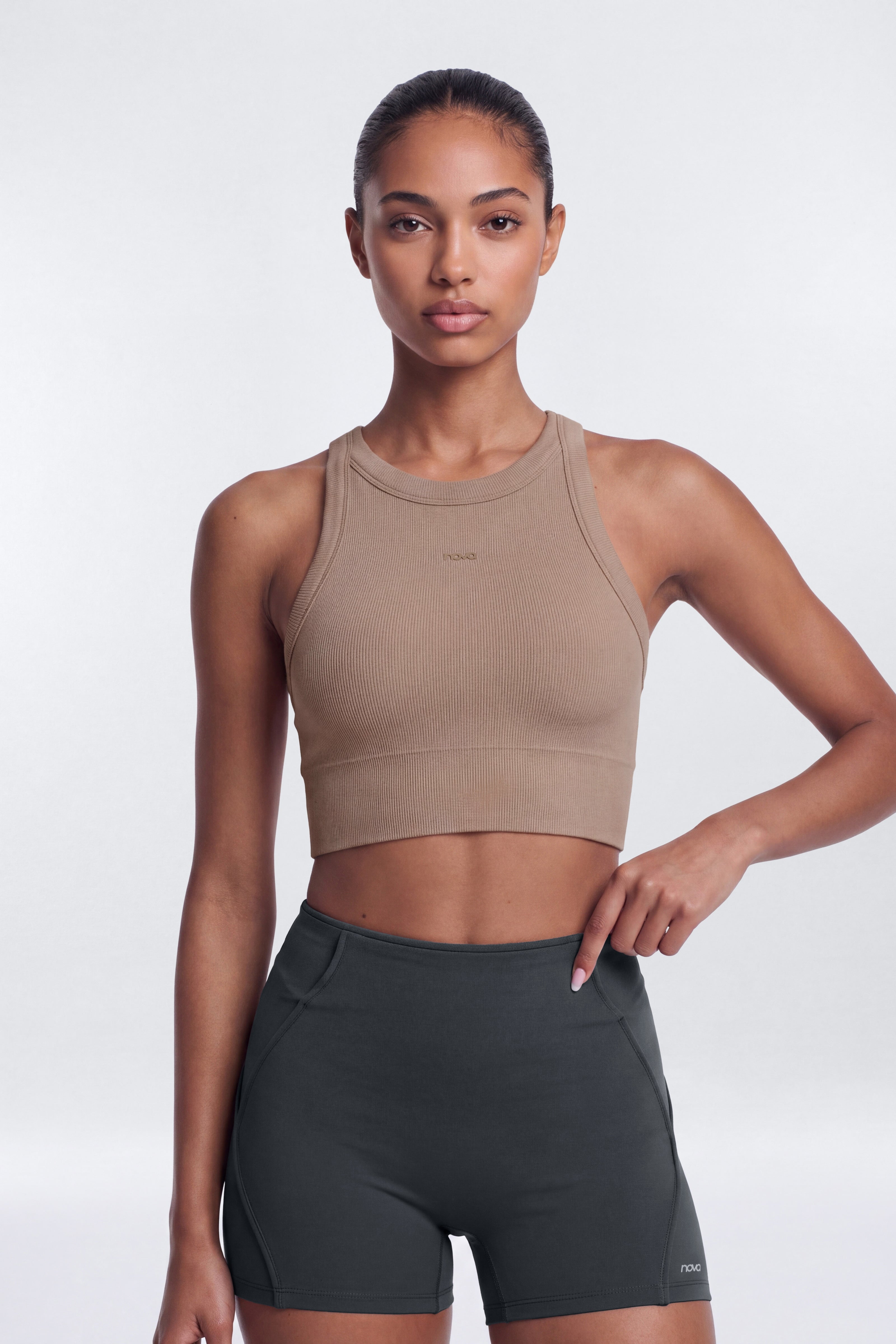 CottonFlex™ Cropped Sports Top - Heather Taupe