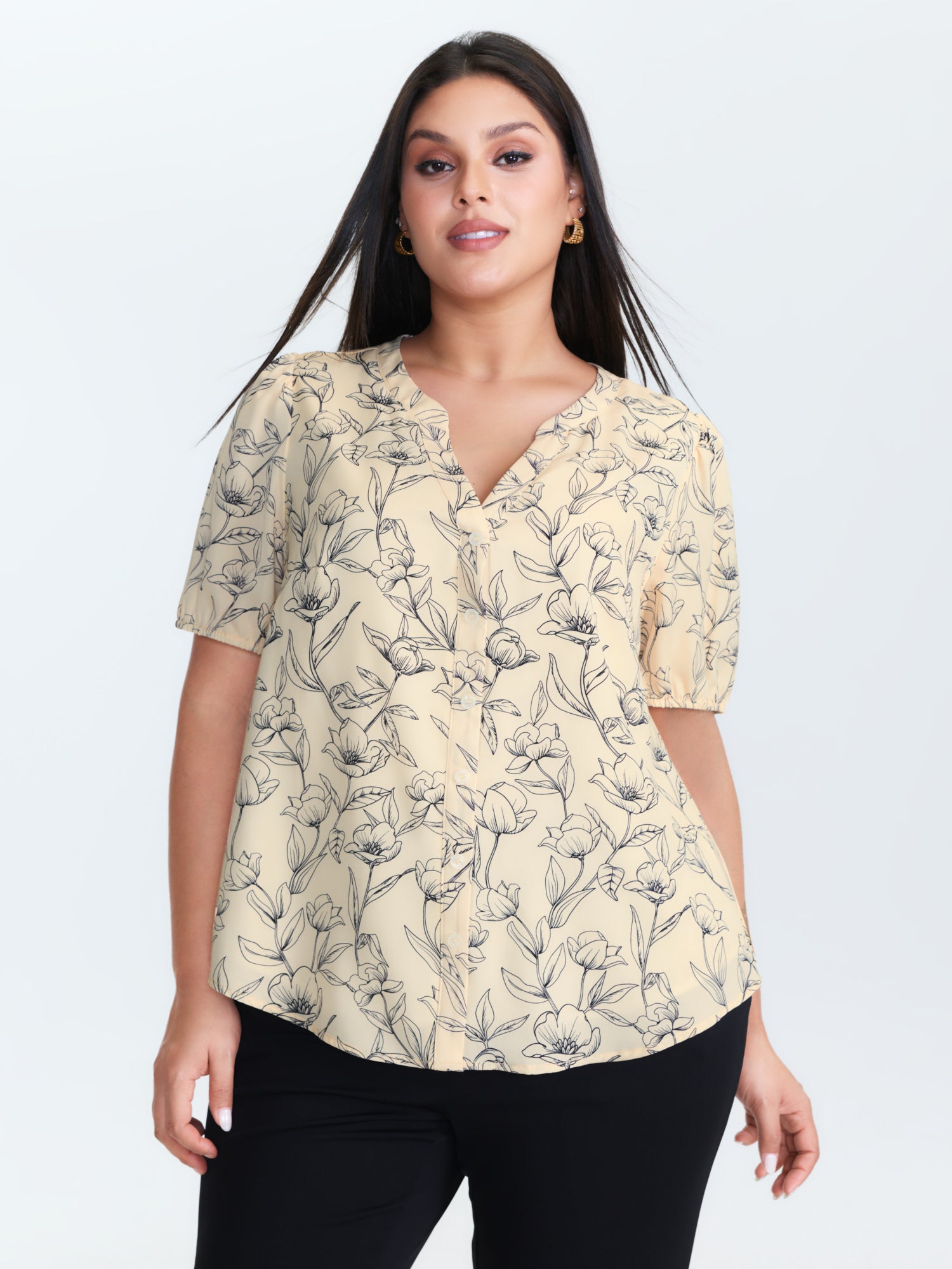 Monochrome Floral Print Button-Down Blouse